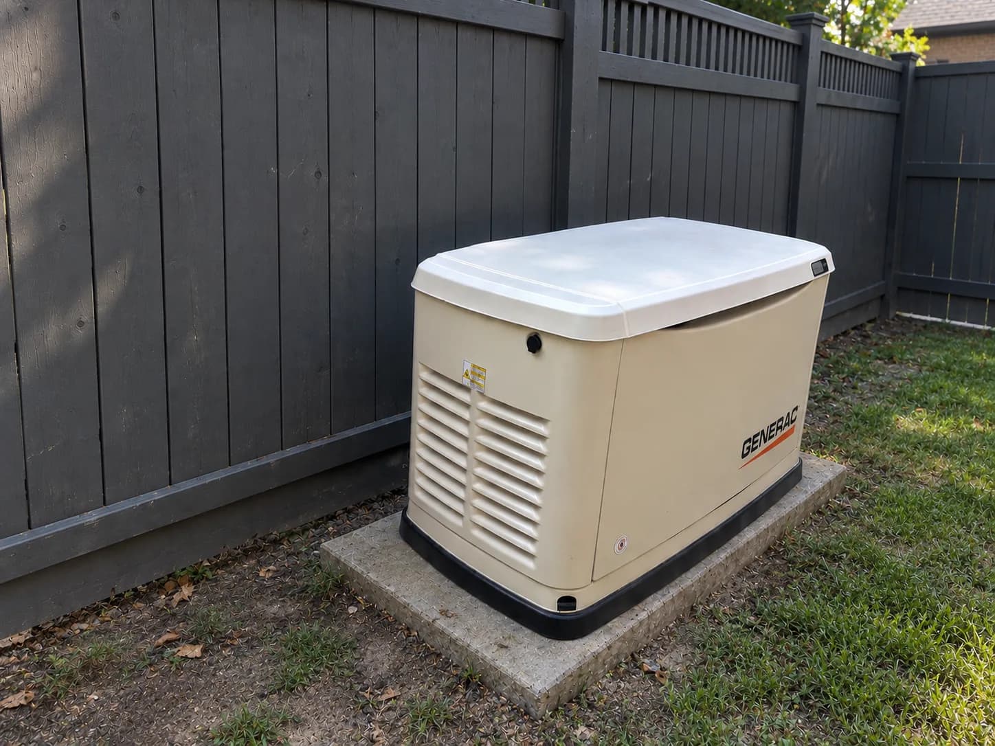 A Generac standby generator set on a concrete pad beside a painted fence.
