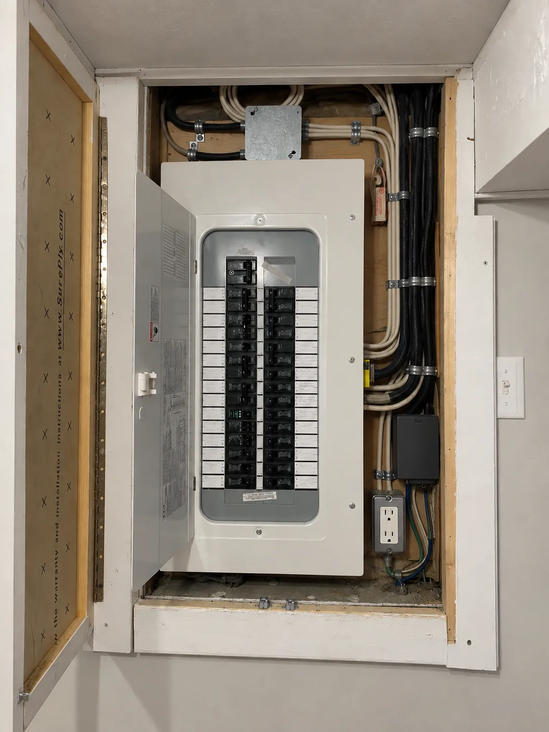 A finished panel interior set into a wall cavity, every circuit dressed, landed and labelled.