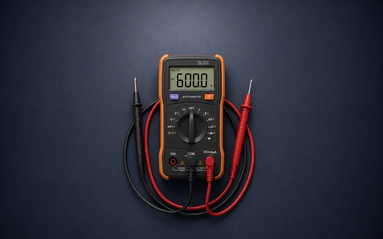 A digital multimeter reading 600 volts, its probes laid out beside it.