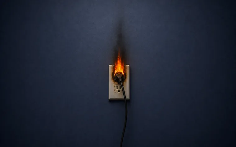 A wall outlet on fire, flames rising from a plugged-in cord.