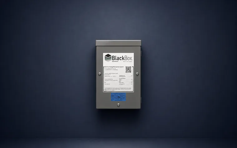 A Black Box energy-management enclosure, its rating plate facing out.