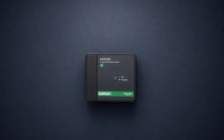 A Schneider HEPD80 whole-home surge protector, its status lights showing.