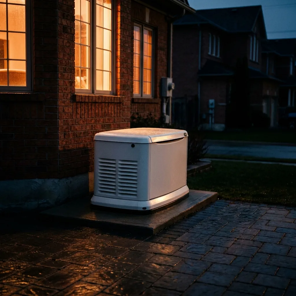 A white standby generator on a concrete pad beside a brick house at dusk, the house's windows lit while the houses across the street stay dark.