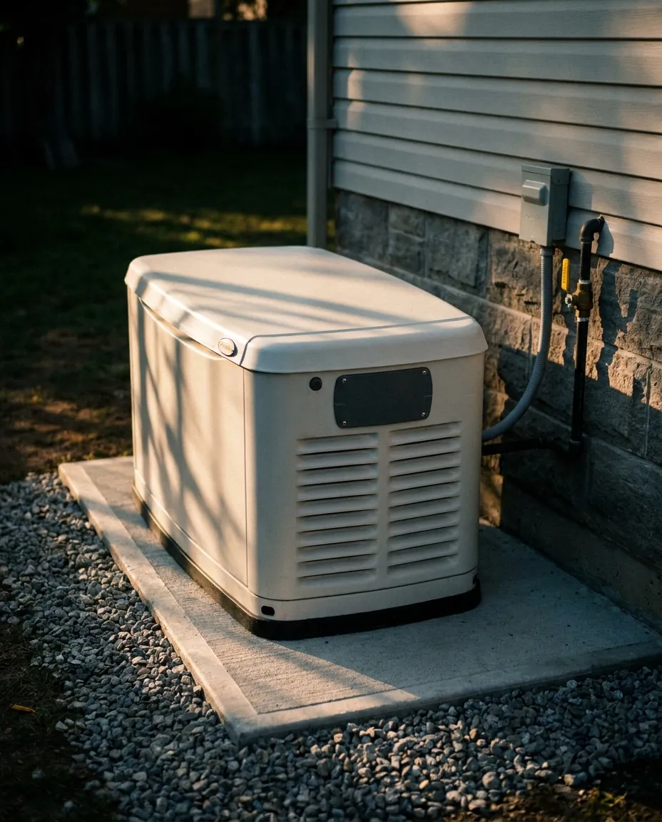 A white standby generator on a new concrete pad edged with gravel, with grey conduit and a gas line with a yellow shut-off valve running into the wall.