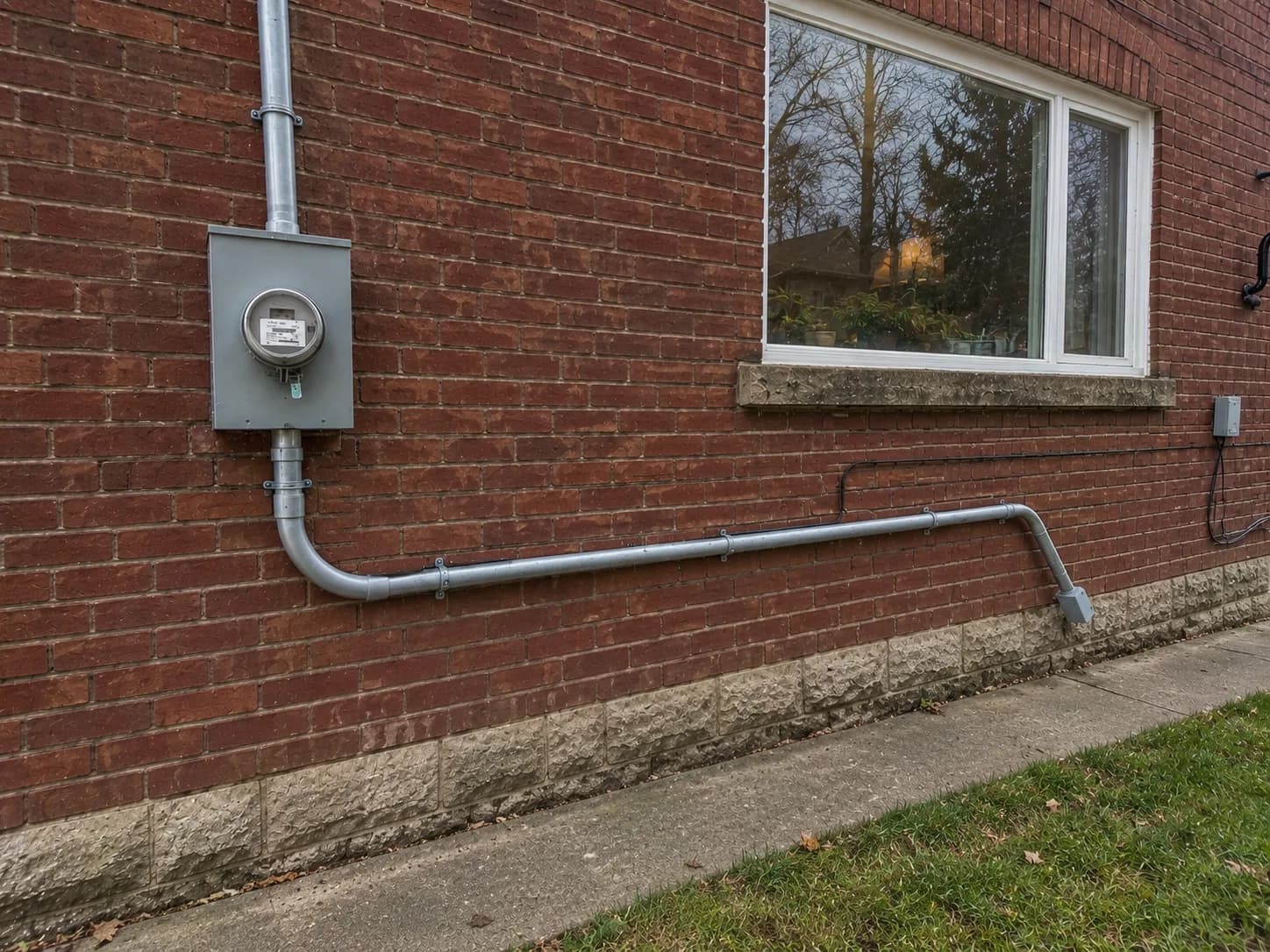 A meter base on a brick wall with the service conduit running down and along the foundation.