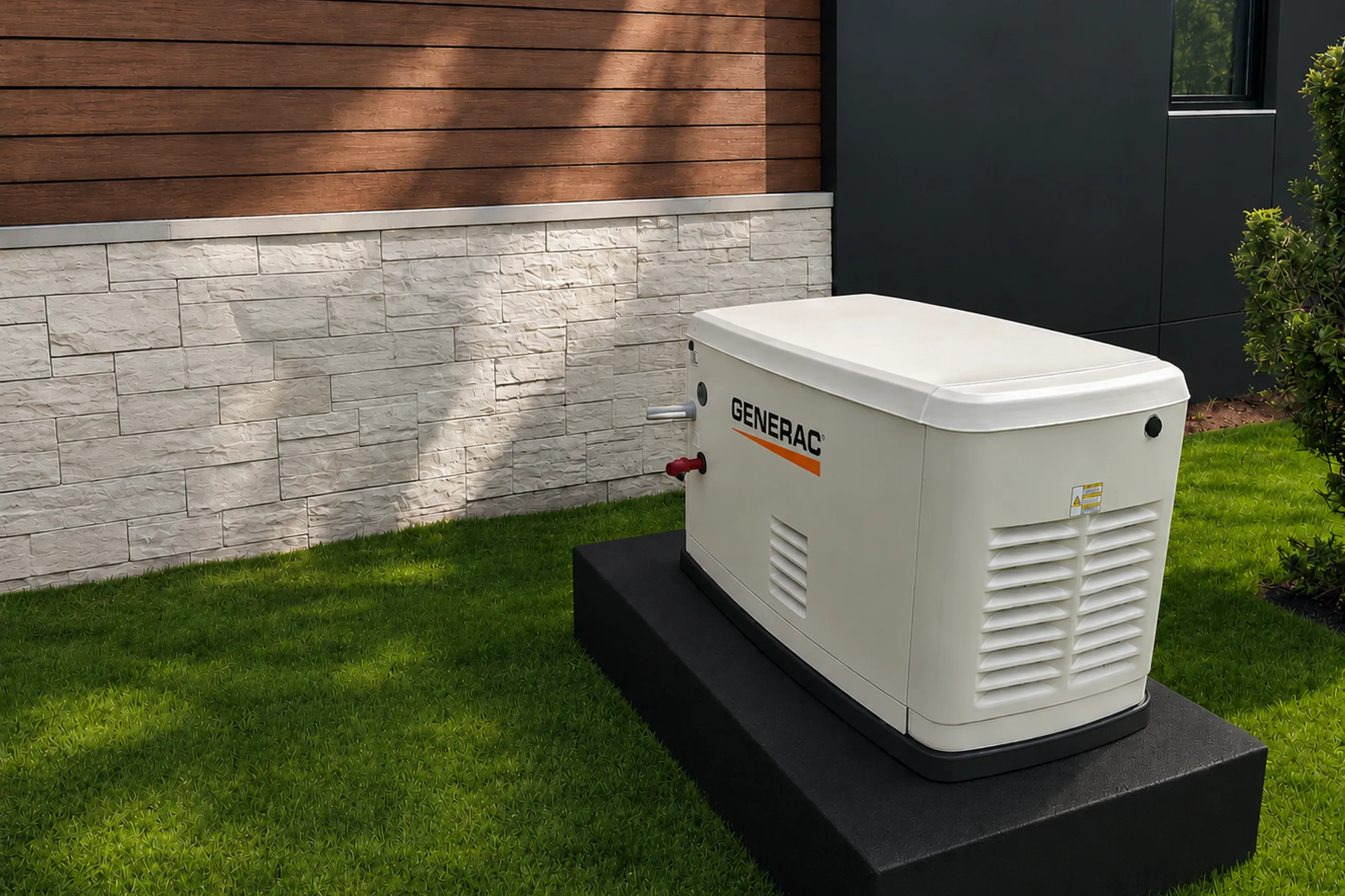 A Generac standby generator on a black pad against a stone and timber wall, its gas line landed.