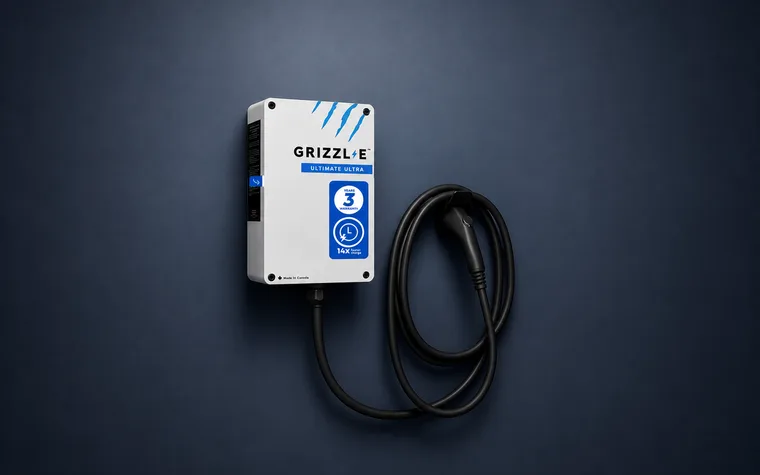 A Grizzl-E Ultimate Ultra EV charger, its cable coiled beside it.