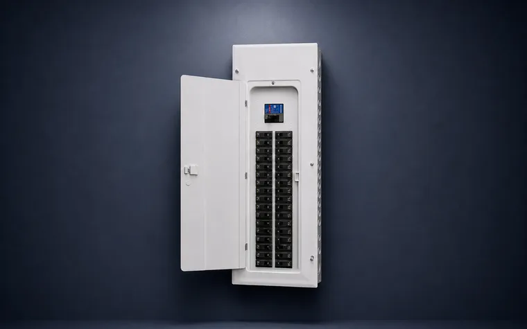 A modern breaker panel with its door open, every circuit landed.